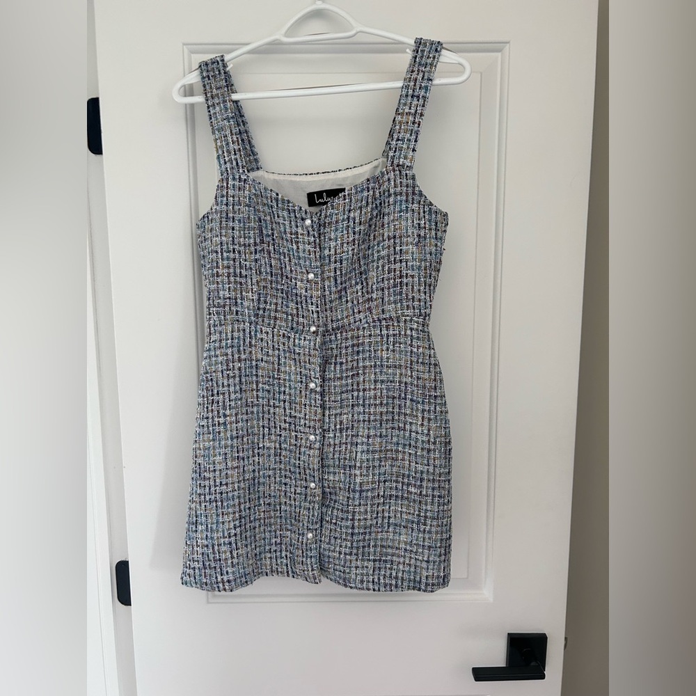 Lulus - Life's a Prize Blue Multi Tweed Button-Front Mini Dress - Picture 4 of 4